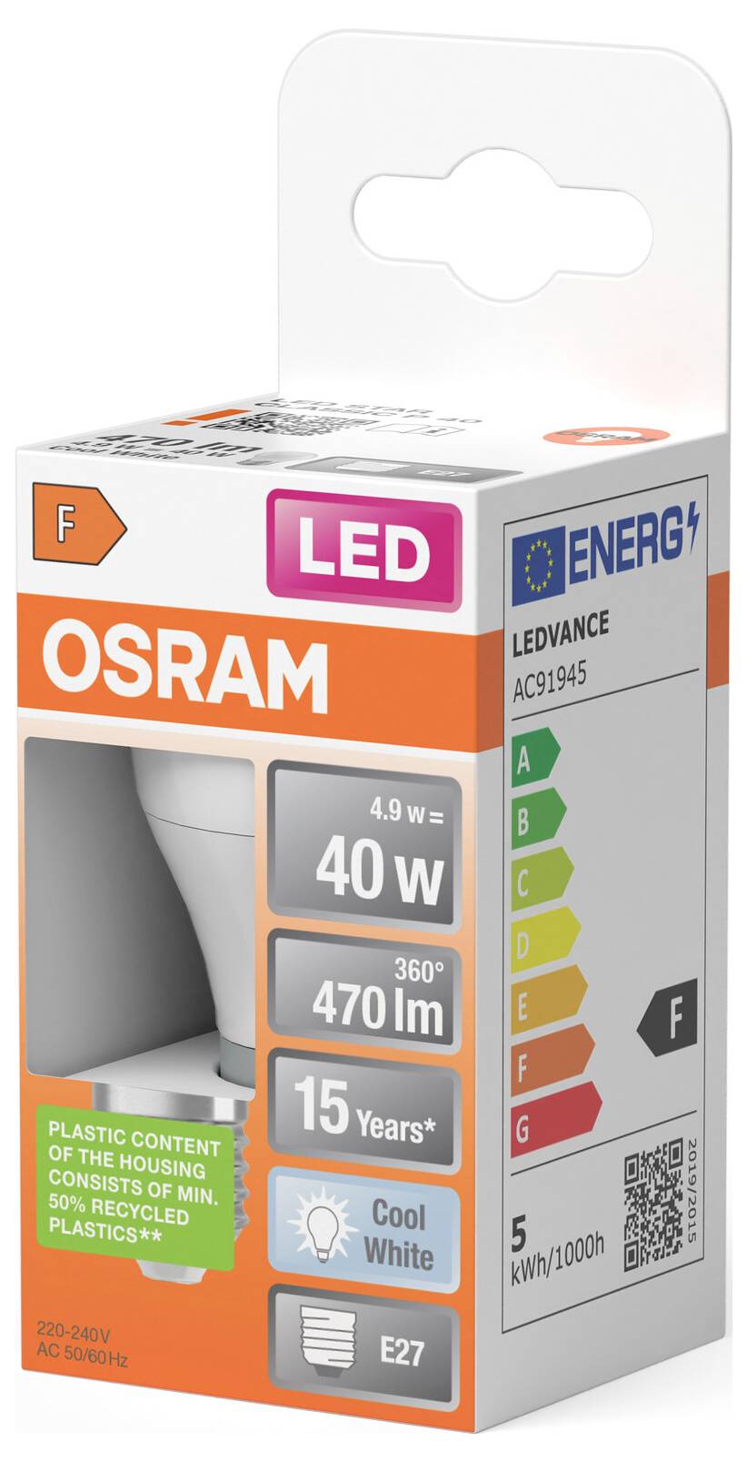 OSRAM LED-Glühbirne, Verpackung zeigt 4,9 W, 40 W Äquivalent, 470 lm, Kaltweiß, E27 und EU-Energielabel Klasse F.