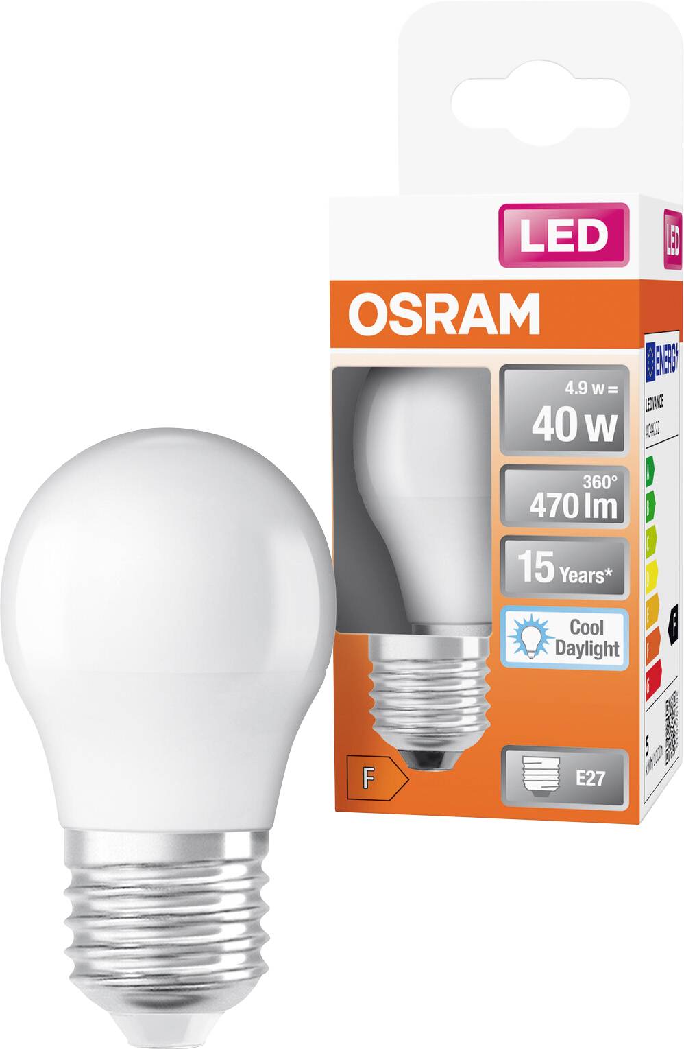 OSRAM LED-Glühbirne mit Einzelhandelsverpackung, beschriftet mit 4,9 W, 40-W-Äquivalent, 470 lm, 15 Jahre, kühles Tageslicht, E27-Sockel.