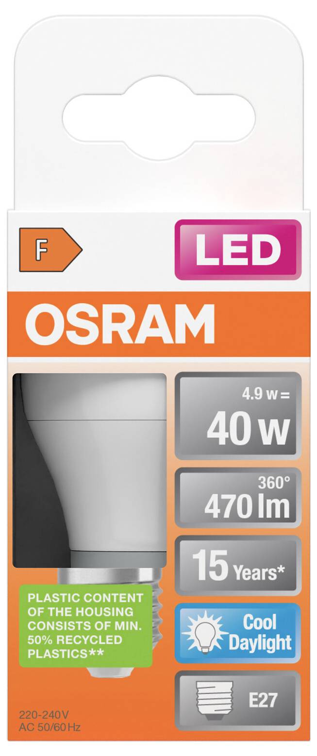 OSRAM LED-Lampe Verpackung mit Kennzeichnung 4,9W, 40W-Äquivalent, 470 lm, 15 Jahre, Kühles Tageslicht, E27, Kunststoffgehalt besteht zu mindestens 50% aus recyceltem Kunststoff.