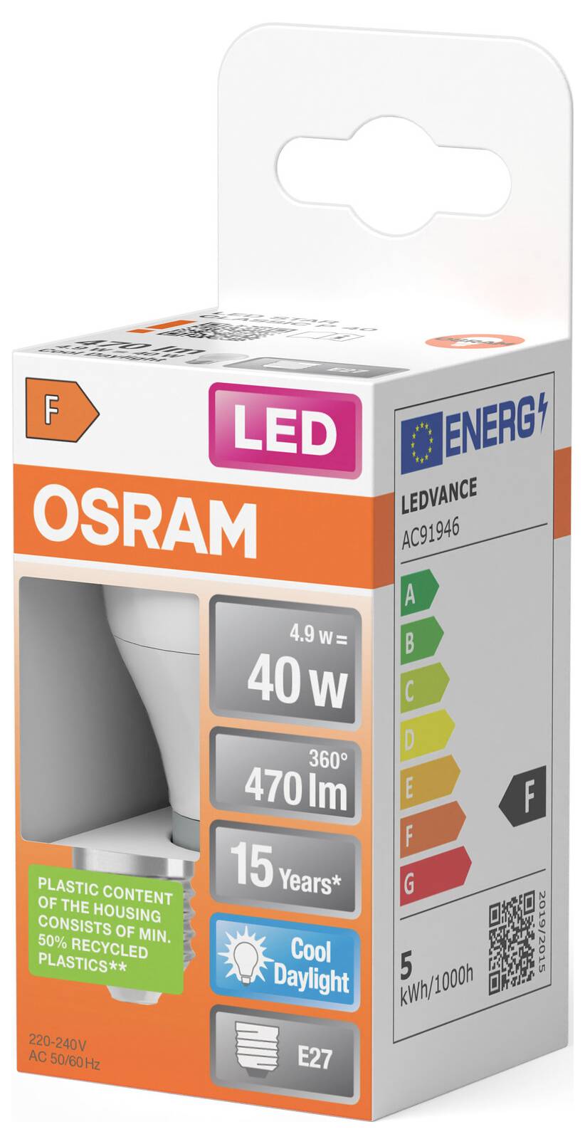 OSRAM LED-Glühbirne Packung, gekennzeichnet mit 4,9W, 40W Äquivalent, 470 lm, E27, 15 Jahre, kühles Tageslicht, Energieklasse F.
