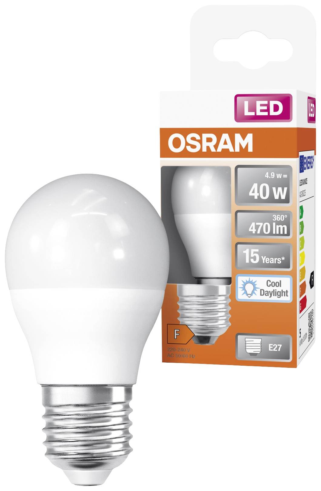 Eine OSRAM LED-Glühbirne neben der Verpackung. 4,9 W, 40 W Äquivalent, 470 Lumen, 360° Abstrahlwinkel, 15 Jahre Lebensdauer, E27-Sockel.
