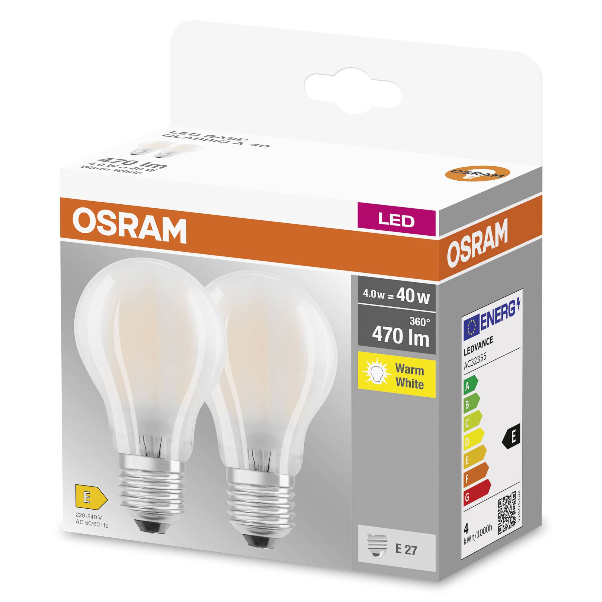 OSRAM HOMELIGHTING 4099854094248 LED EEK E (A - G) E27 Kerzenform 4W = 40W Warmweiß (Ø x H) 60mm x 60mm 2St.