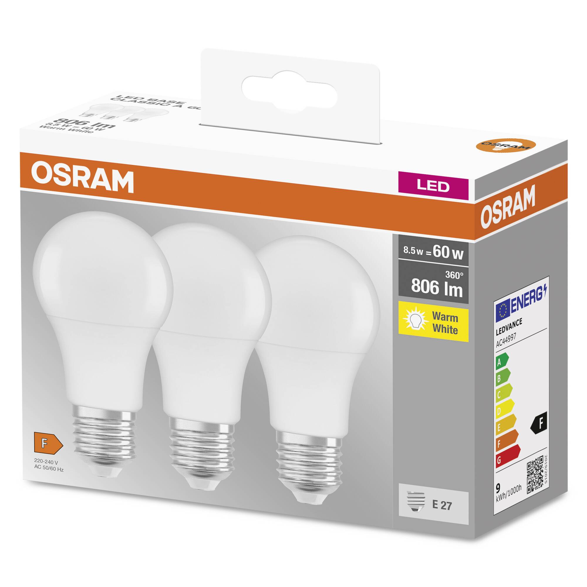 Verpackung von Osram LED-Glühbirnen, 8,5W, 806 Lumen, warmweiß, E27-Fassung, Energieklasse F, 3er-Pack.