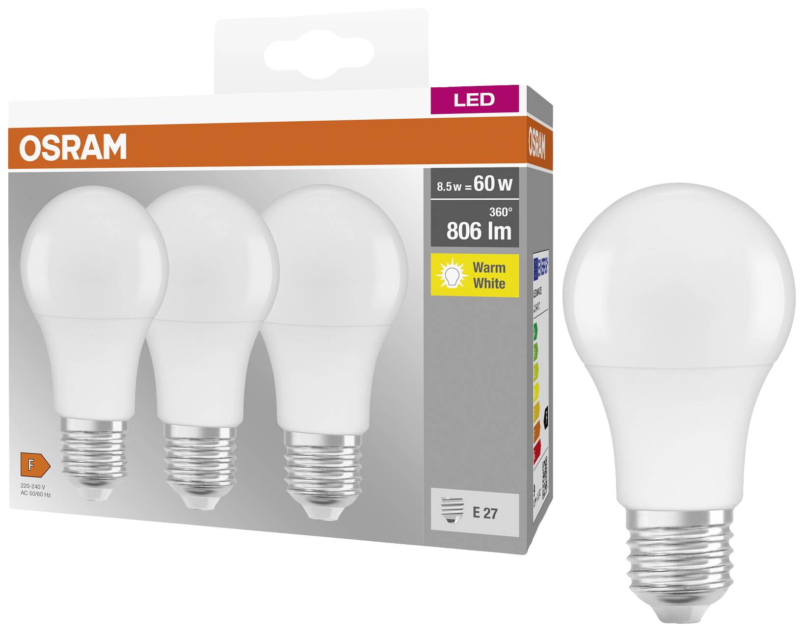 Dreierpack OSRAM LED-Glühbirnen, 806 Lumen, warmweiß, Energieklasse F, E27-Fassung. Verpackung und eine einzelne Birne sichtbar.