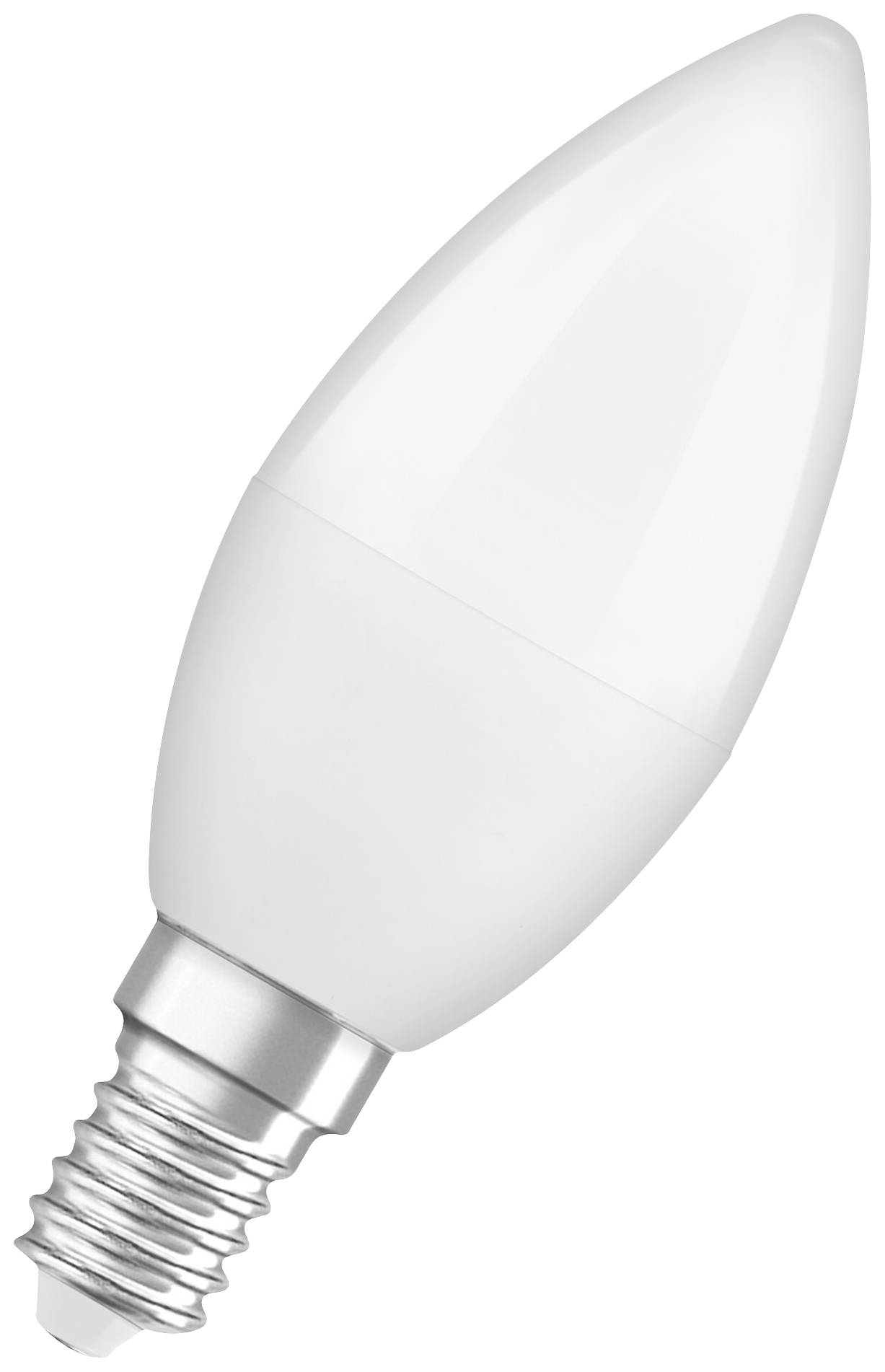 Weiße LED-Glühbirne in Kerzenform mit silbernem Sockel, geeignet für Leuchten mit kleinem Sockel, oft verwendet zur Dekoration.