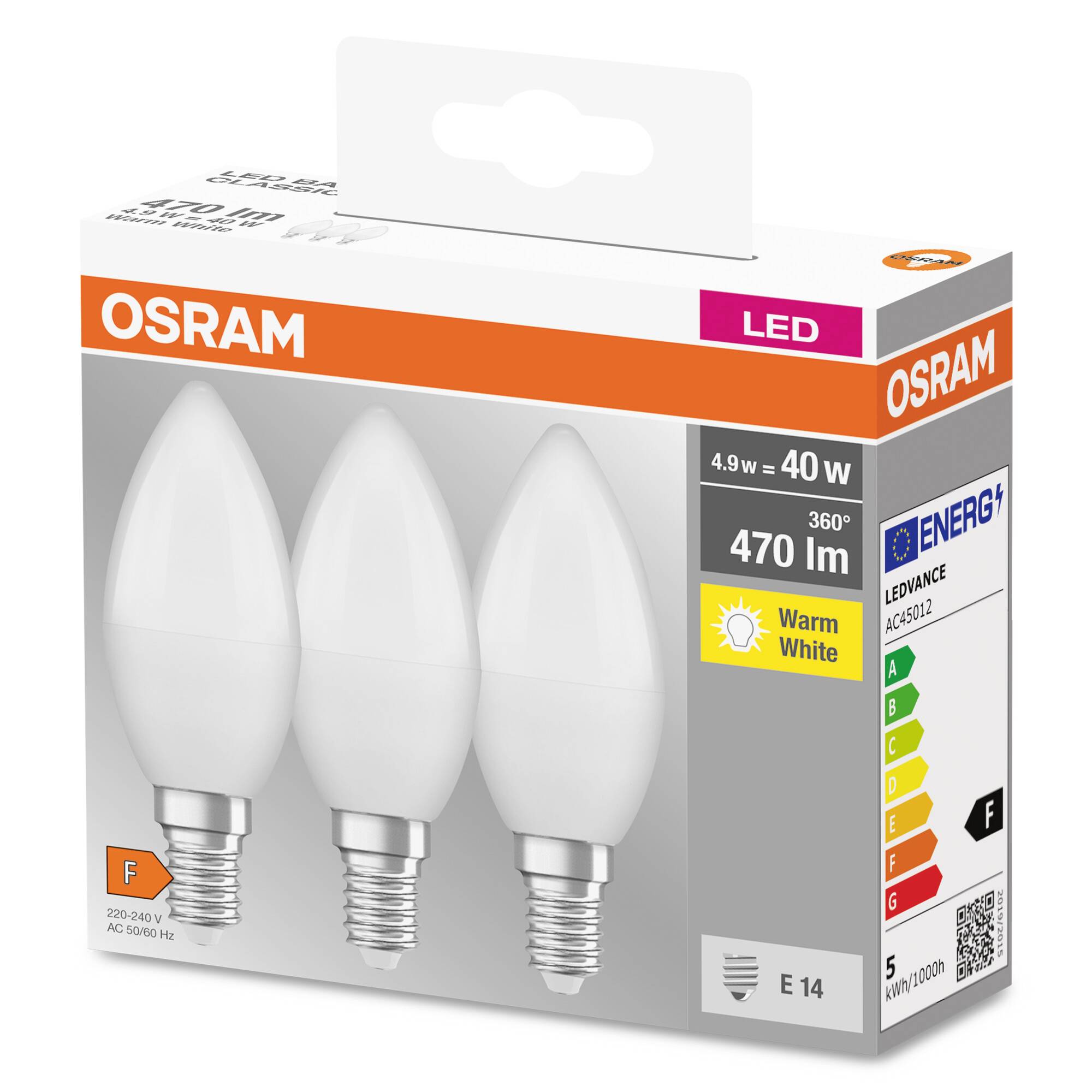 Verpackung von drei LED-Glühlampen. Marke: Osram. Leistung: 4,9W (entspricht 40W). Lichtstrom: 470 Lumen. Farbtemperatur: Warmweiß. Energieeffizienzklasse: F. Fassung: E14.
