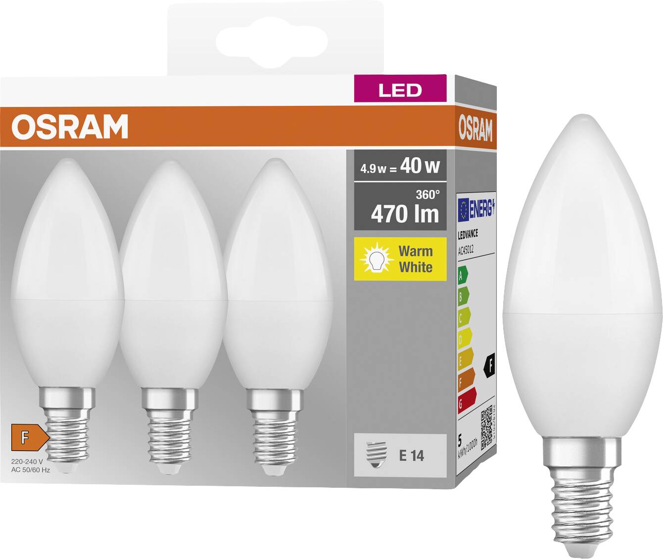 Eine Verpackung mit vier LED-Glühbirnen von OSRAM, E14-Sockel, 4,9 W entspricht 40 W, 470 lm, warmweiß, Energieeffizienzklasse F.