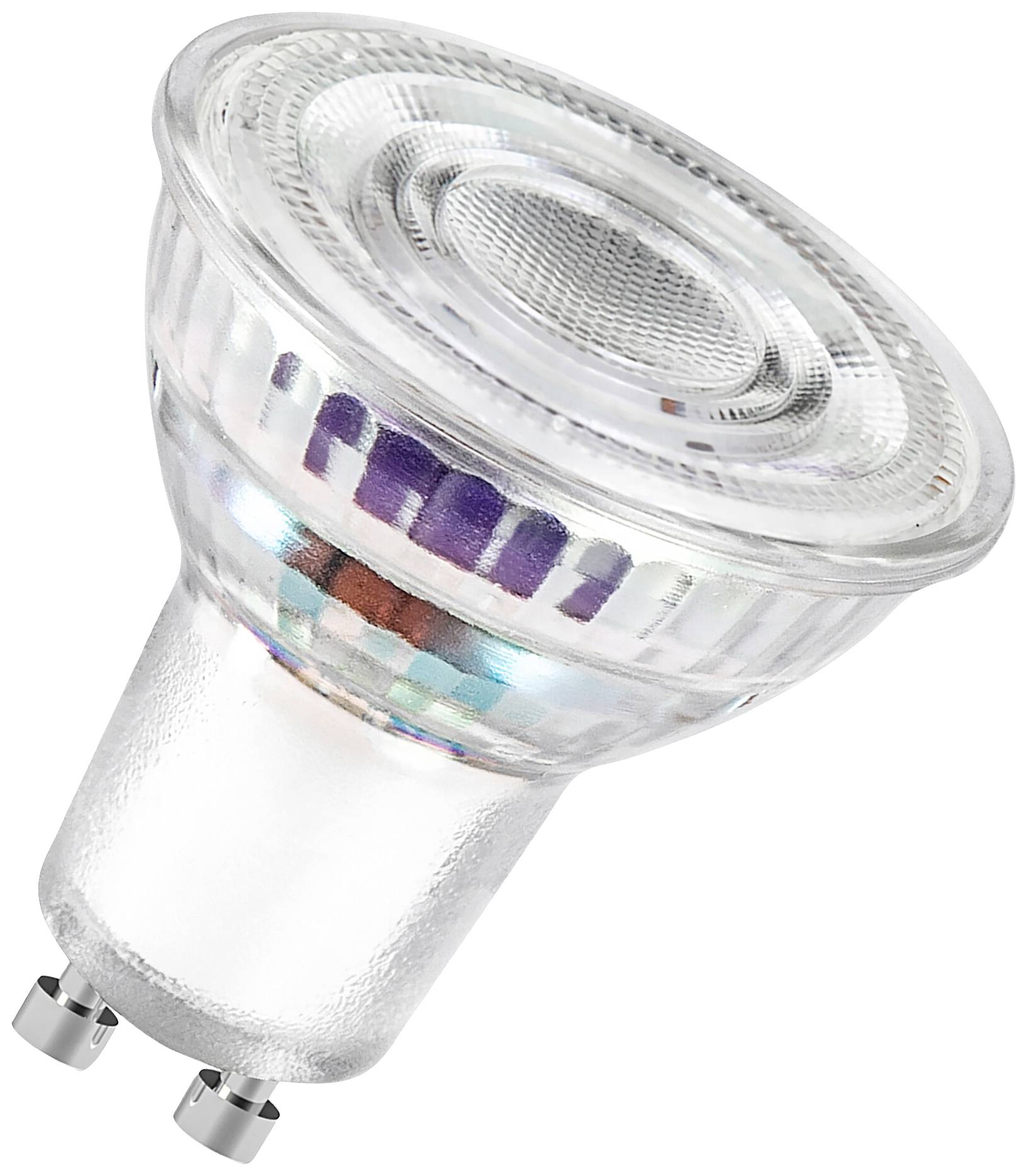 Eine LED-Glühbirne in Nahaufnahme, GU10-Fassung, mit klaren Glasdetails.