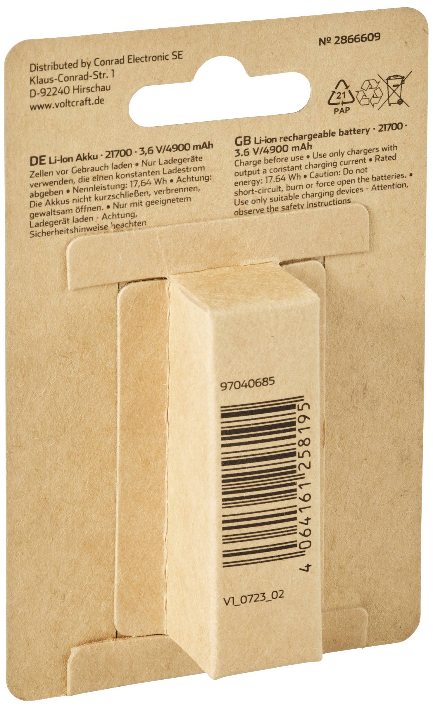 VOLTCRAFT Spezial-Akku 21700 Flat-Top Li-Ion 3.6V 4900 mAh 1St.