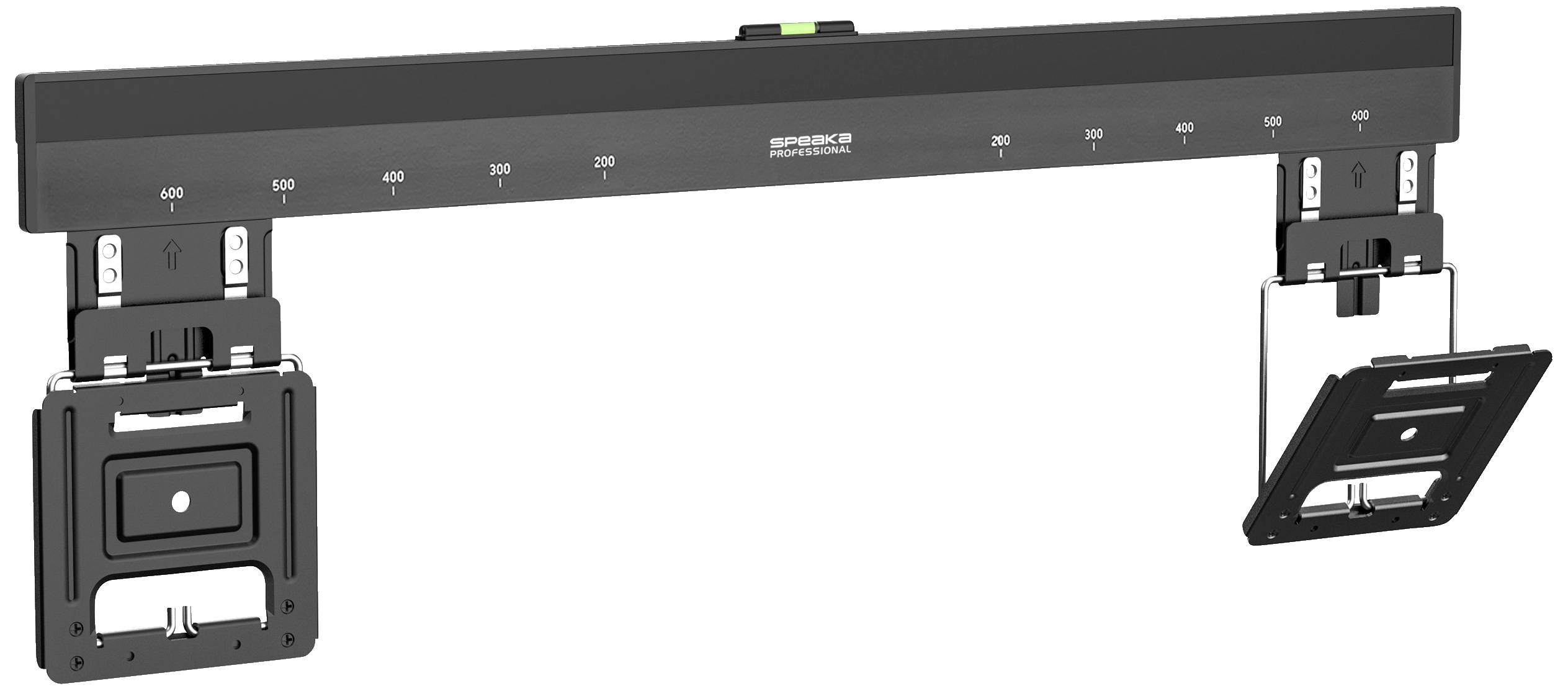 Elektronische Wasserwaage mit digitalem Display und verstellbaren Endkappen. Zeigt Messwerte in Millimetern an.