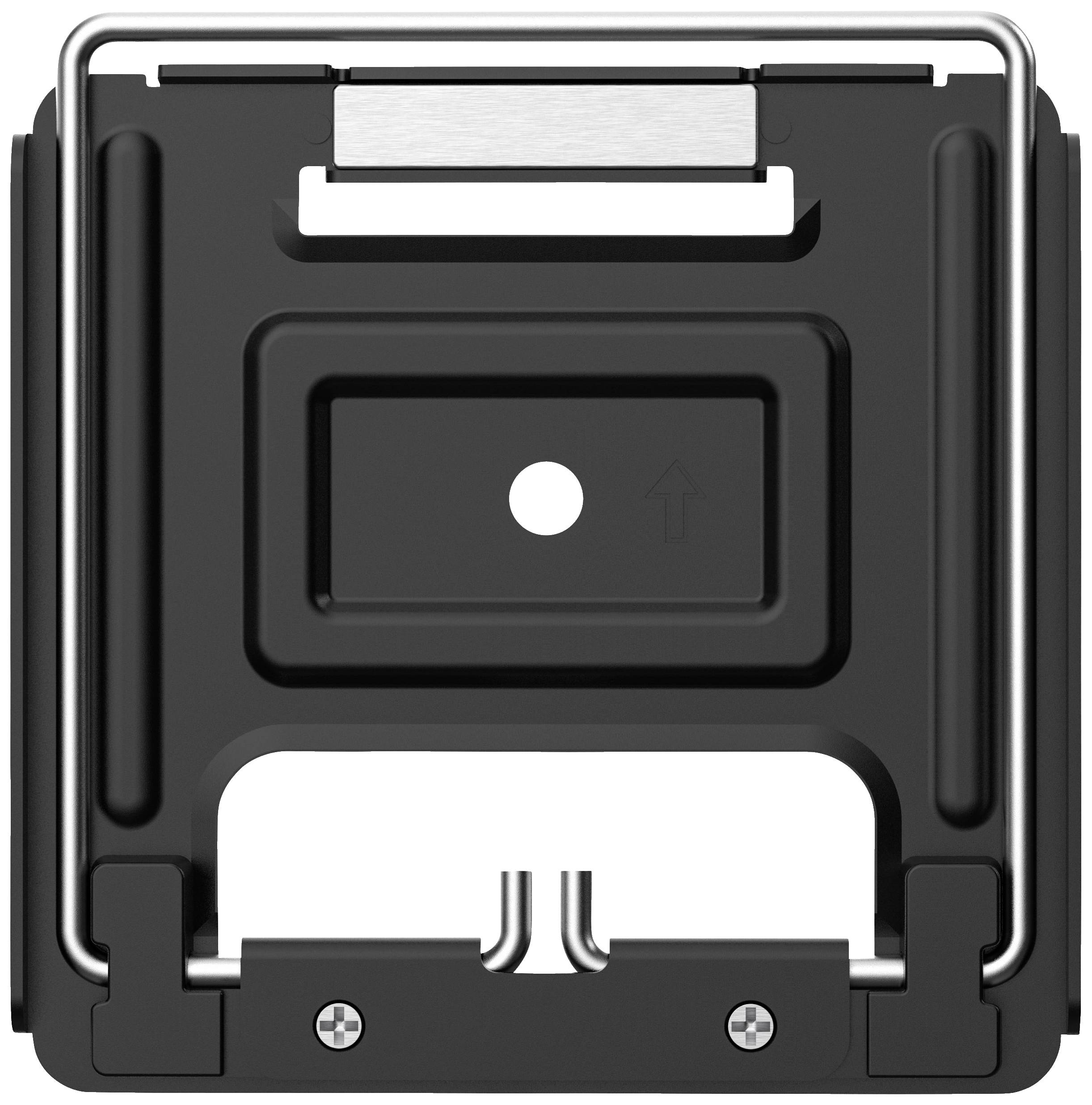 Eine schwarze, rechteckige Metallhalterung mit zentralem Loch und zwei unteren Schrauben, geeignet für die Befestigung an einer Oberfläche.