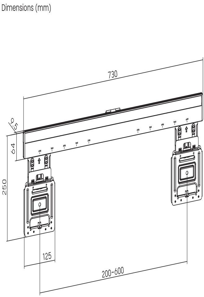 Diagramm zeigt Maße einer Halterung: Breite 730 mm, Höhe 250 mm, verstellbare Breite 200-600 mm. Seitliche Abmessung 125 mm.