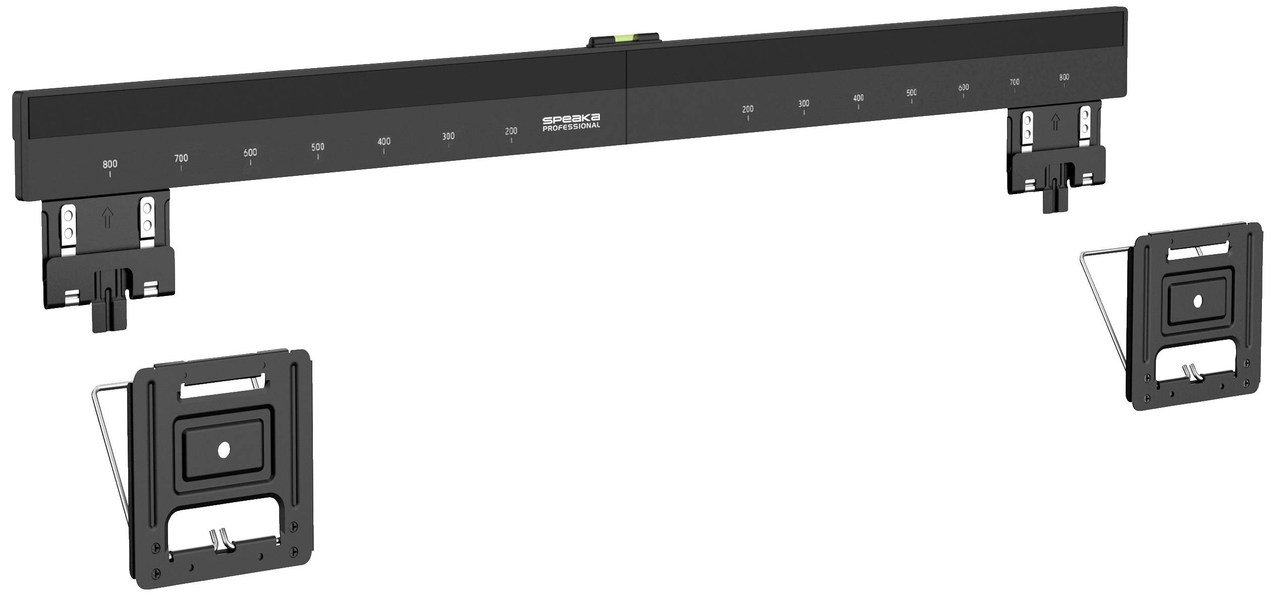 Eine schwarze TV-Montageschiene mit Zentimeter-Markierungen und zwei abnehmbaren Halterungen. Ideal zur Wandbefestigung von Fernsehern.