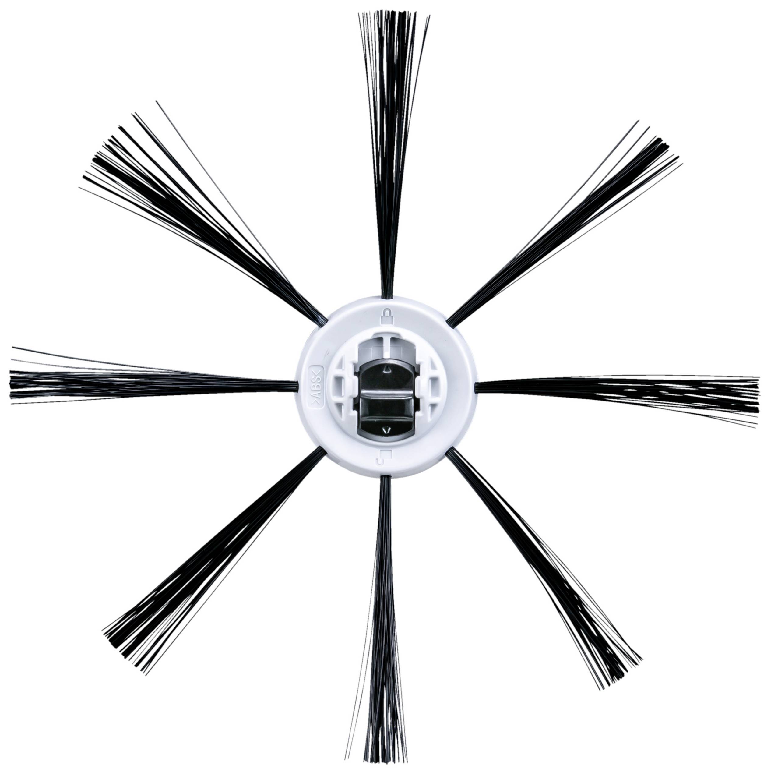 Sternförmige Reinigungsbürste mit acht schwarzen Borstenarmen, zentral in einem weißen Kunststoffgehäuse befestigt.