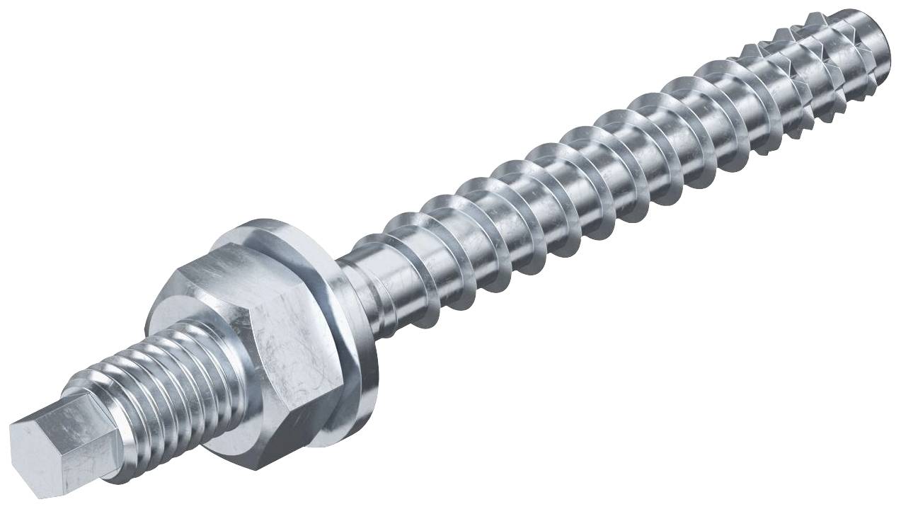 Metallschraube mit einem Sechskantkopf und geriffeltem Schaft. Sie eignet sich für die Befestigung in verschiedenen Materialien.