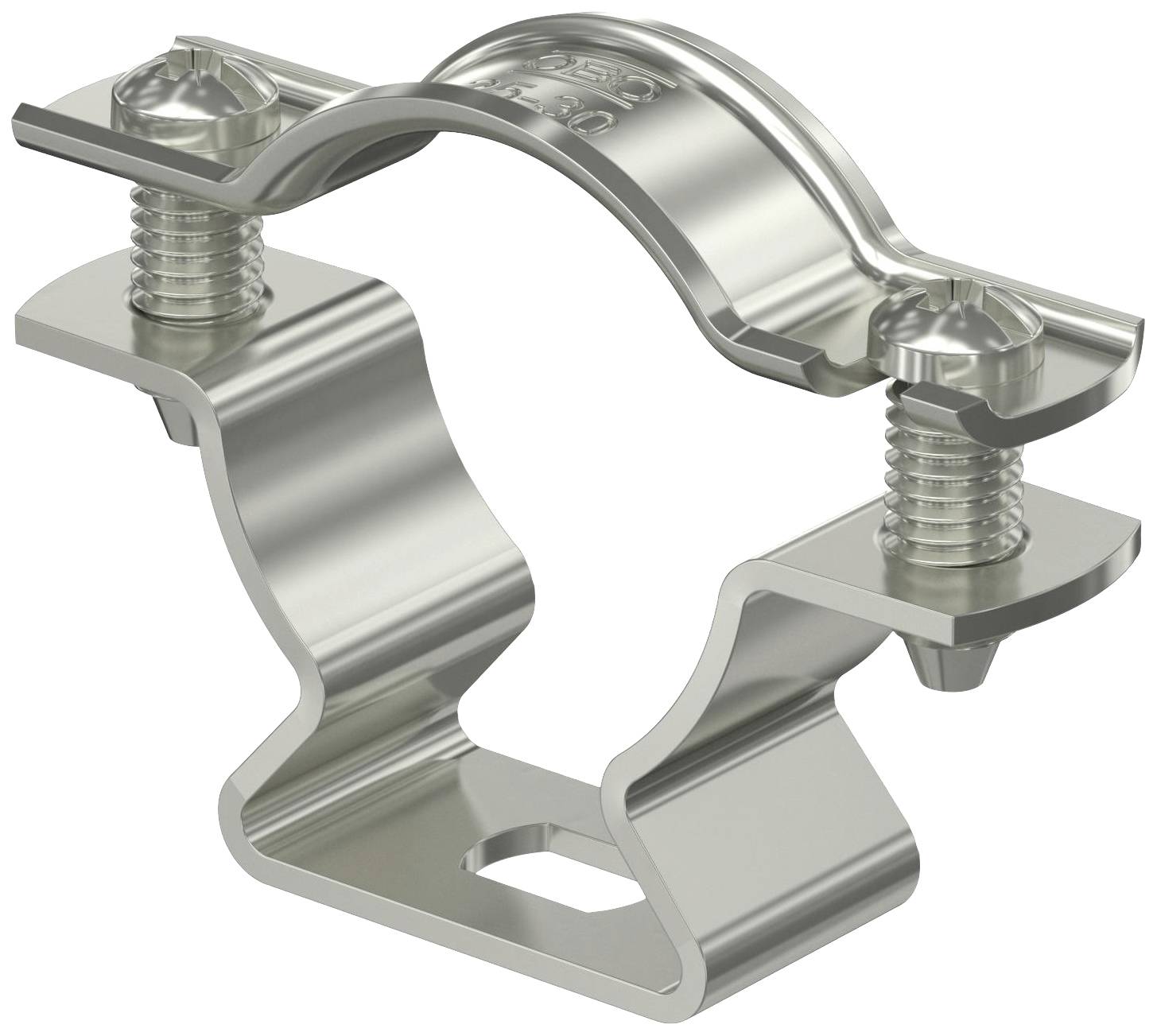 Eine silberne Metallklemme mit zwei Schrauben, geeignet zur Befestigung von Rohren oder Kabeln in einer Montageanwendung.