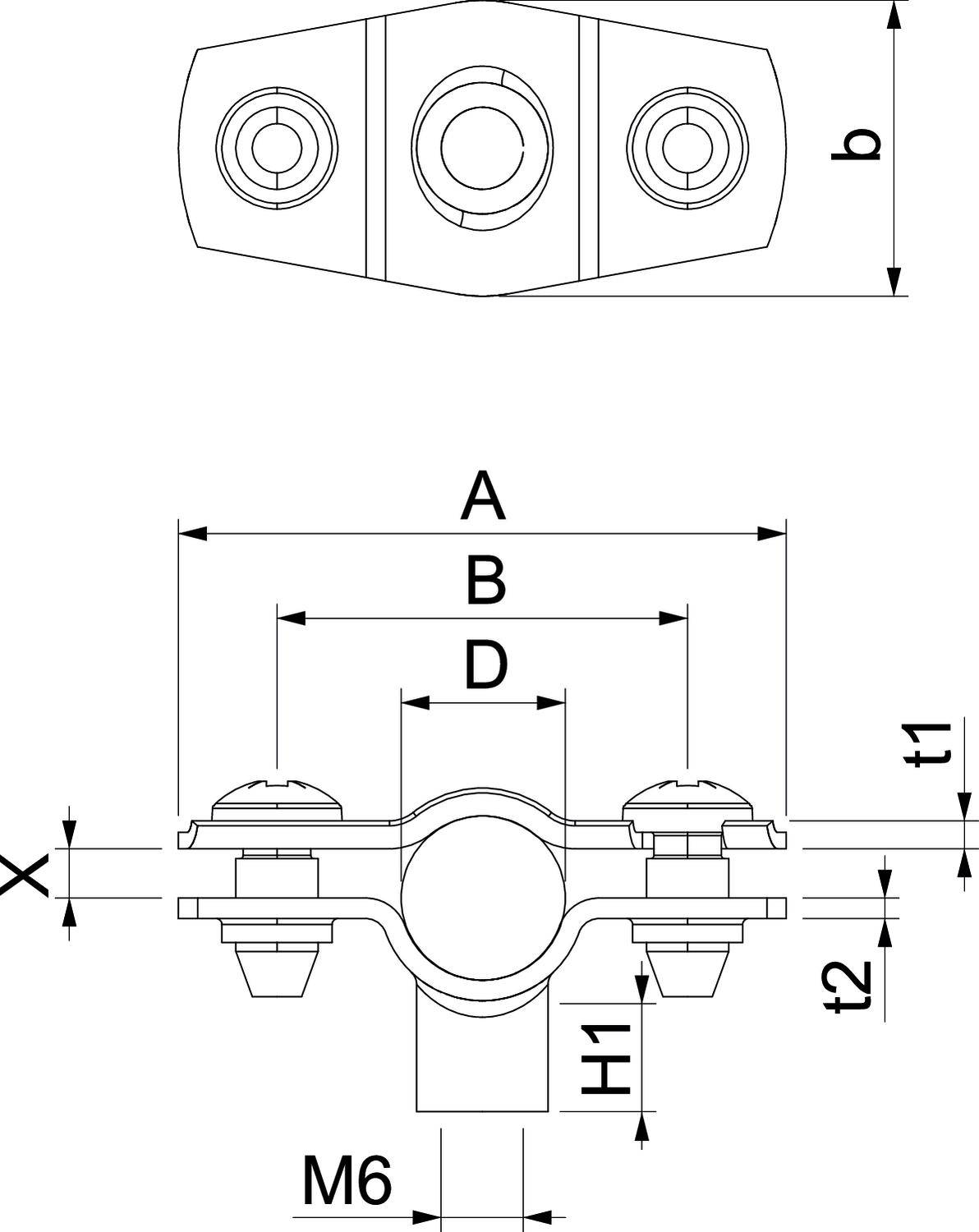 Technische Zeichnung eines Rohrschellenhalters mit Abmessungen. Maßangaben: A, B, D, b, t1, t2, X, H1, Gewinde M6.