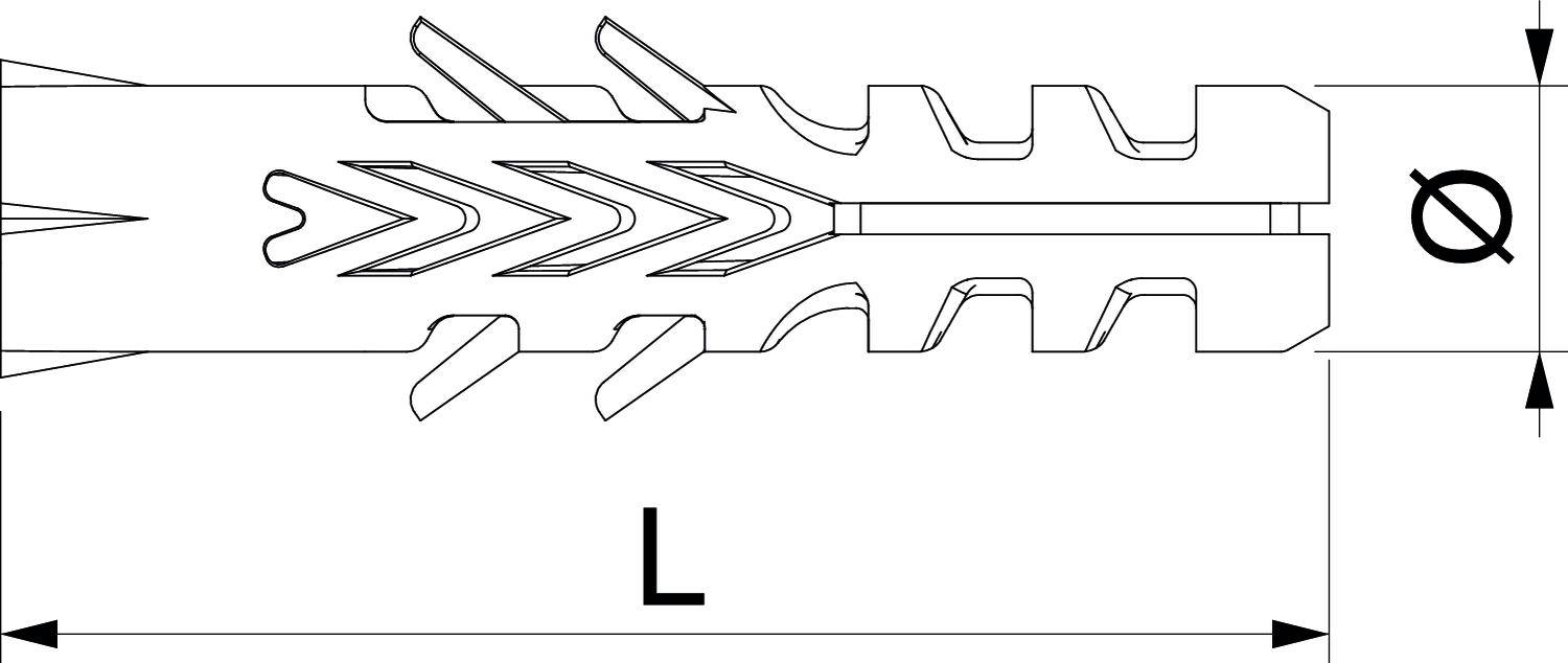 Technische Zeichnung eines Dübels zeigt Länge (L) und Durchmesser (Ø). Details der Rippenstruktur und symmetrischen Formen sind zu sehen.