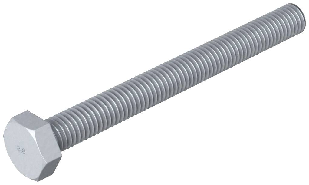 Eine silberne Sechskantschraube mit Gewinde, horizontal liegend, ohne mutter.