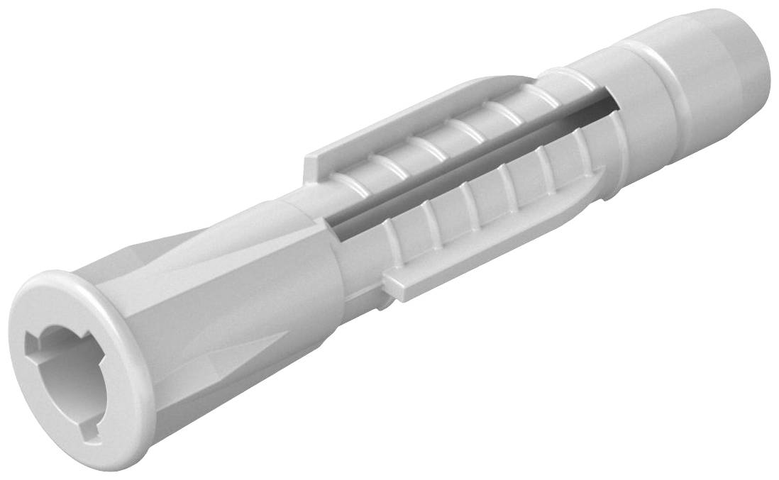 Ein grauer Dübel mit seitlichen Rippen und einer konischen Form, verwendet zur Befestigung in Wänden für Schrauben.