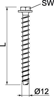 Schraubenskizze: Zeigt eine detaillierte Zeichnung einer metallen Spiralenschraube mit Durchmesserangabe Ø12 und Schlüsselweite SW.