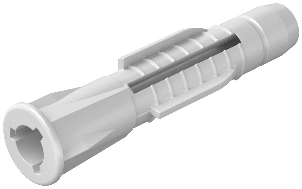 Grauer Dübel aus Kunststoff, schlanker zylindrischer Körper mit Flügeln, zur Befestigung in Wänden.