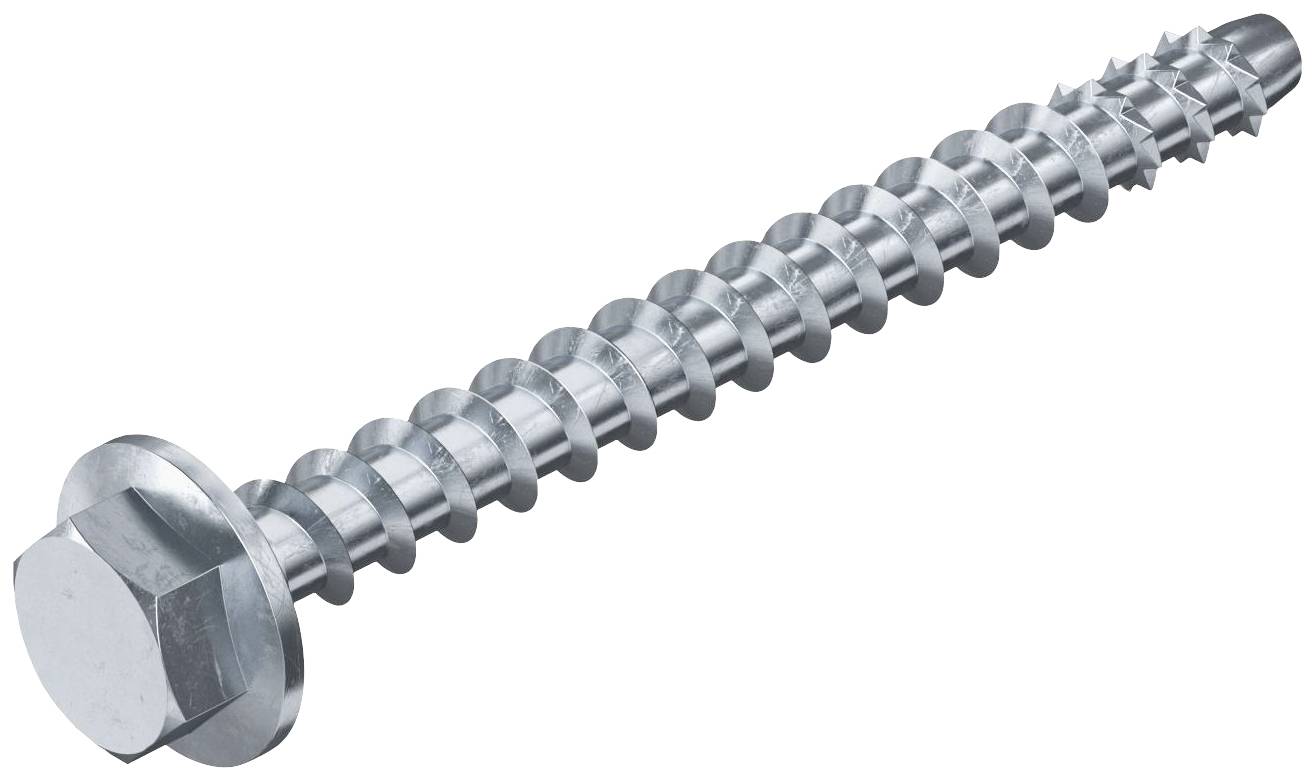 Metallschraube mit hexagonalem Kopf und spiralförmigem Gewinde, geeignet für Befestigungen in Metall oder Holz.