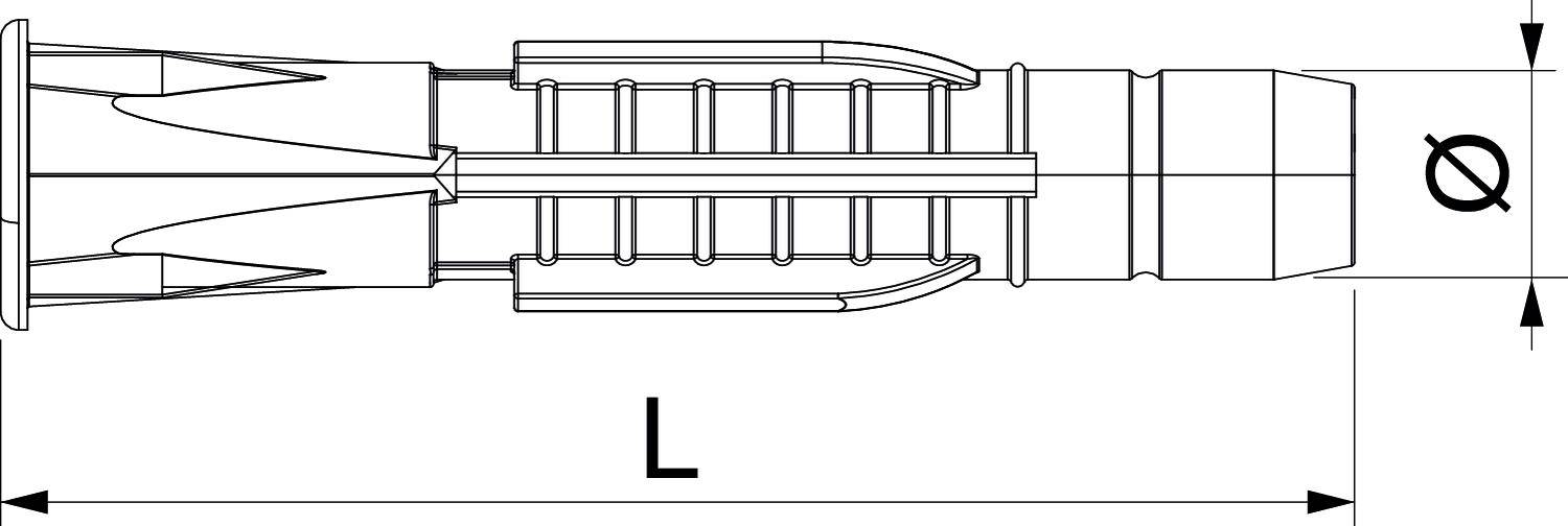 Ein technisches Diagramm eines Dübels zeigt Maßlinien für Länge 'L' und Durchmesser 'Ø'. Der Dübel hat Rippen für besseren Halt.
