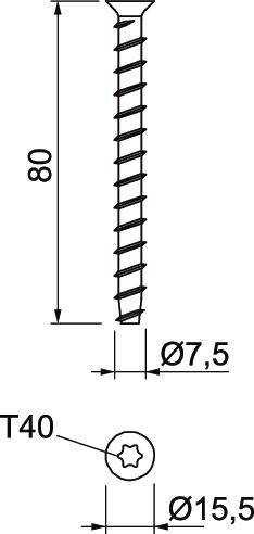 Eine technische Zeichnung einer 80 mm langen Schraube, Durchmesser 7,5 mm mit T40-Antrieb und 15,5 mm Kopfdurchmesser.