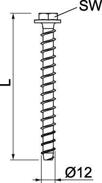 Technische Zeichnung einer Schraube mit Maßen: Länge 'L', Durchmesser 'Ø12', Schlüsselweite 'SW'. Schraube hat ein Gewinde und einen Sechskantkopf.