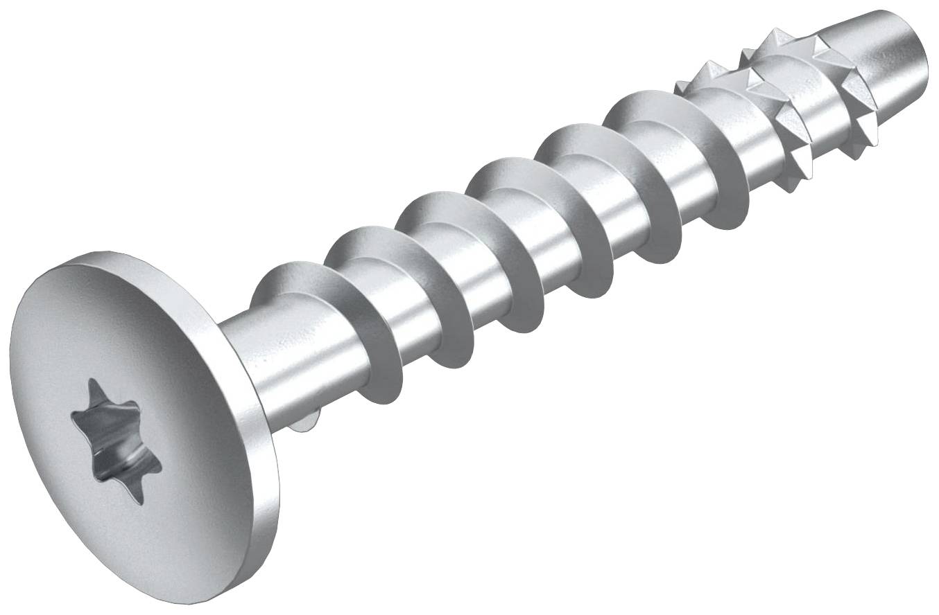 Metallschraube mit Kreuzschlitzkopf und Gewinde; hervorgehobene Eigenschaften sind die spiralförmigen Rillen und die Spitze.
