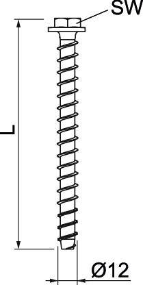 Abbildung eines Schraubengewindes im Seitenprofil, mit Markierungen für die Gesamtlänge 'L' und den Durchmesser 'Ø12'. Oben ist 'SW' markiert.