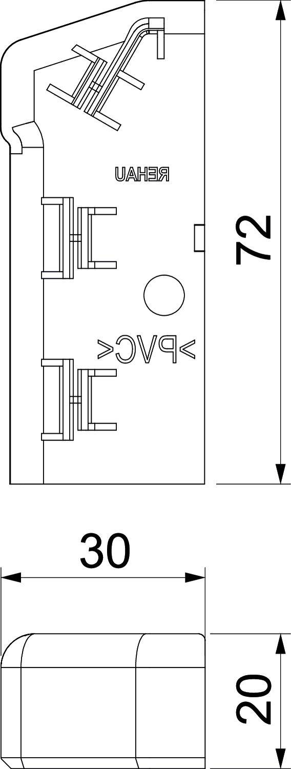 Technische Zeichnung eines PVC-Fittings mit den Maßen: 72 mm in der Höhe, 30 mm in der Breite, und 20 mm in der Tiefe.