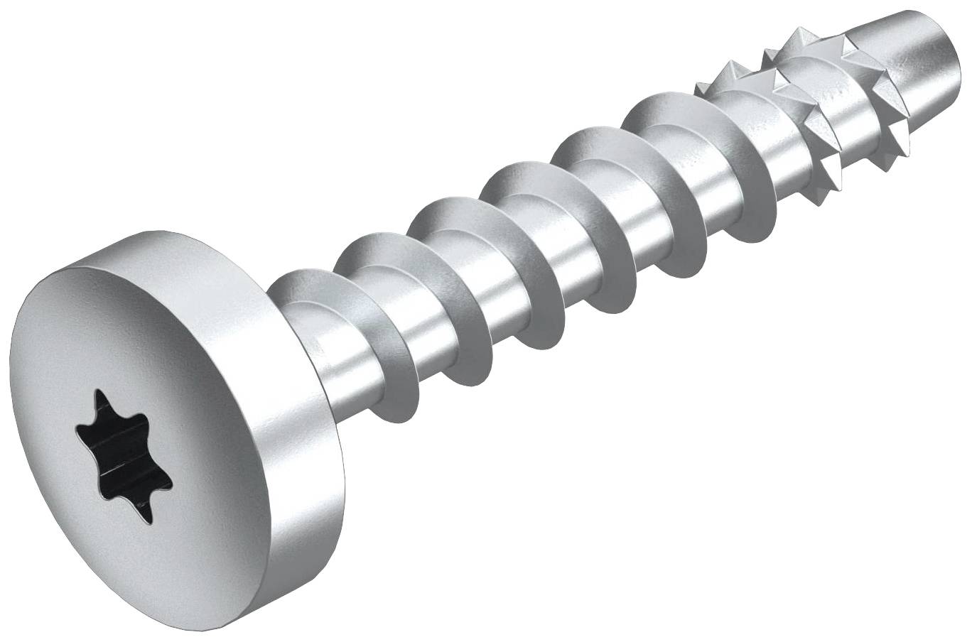 Silberschraube mit sternförmigem Kopf und scharfer Spitze. Geeignet für Holz- oder Metallverbindungen.