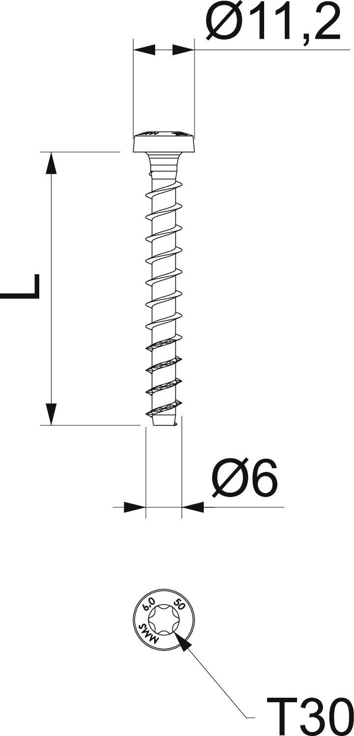 Technische Zeichnung einer Schraube mit Maßen: Durchmesser 11,2 mm, Länge 'L', Schaftdurchmesser 6 mm, Torx-Antrieb T30.