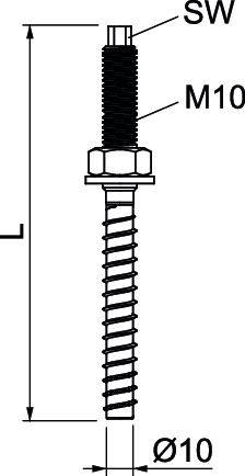 Technische Zeichnung eines M10 Schraubankers mit Gewinde. Beschriftungen: 'SW' und 'Ø10'. Geeignet für Bauanwendungen.
