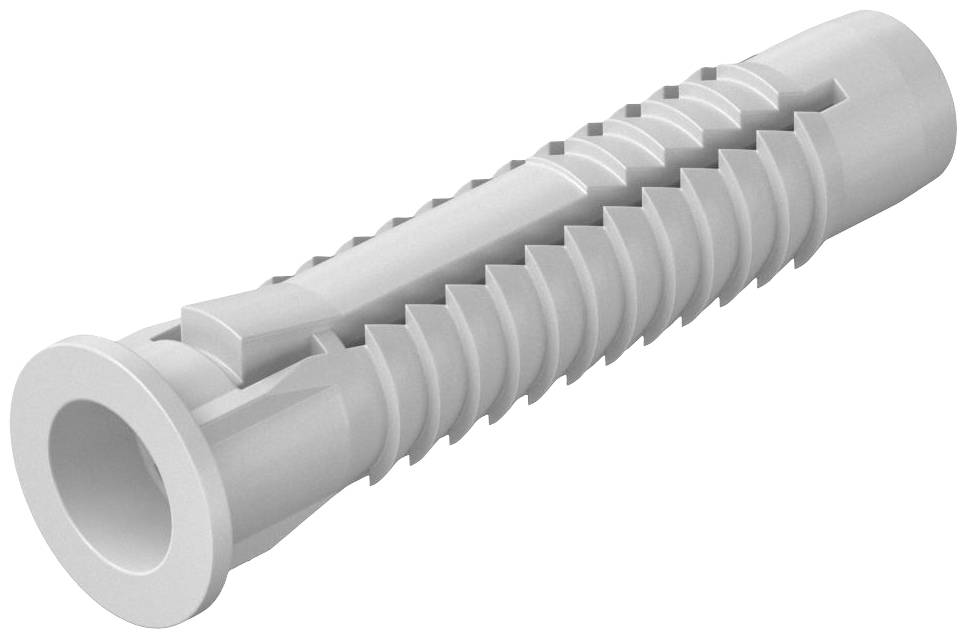 Ein grauer Dübel aus Kunststoff mit gezacktem Schaft und erweitertem Ende zur Wandverankerung. Ideal für stabile Befestigungen in Mauerwerk.