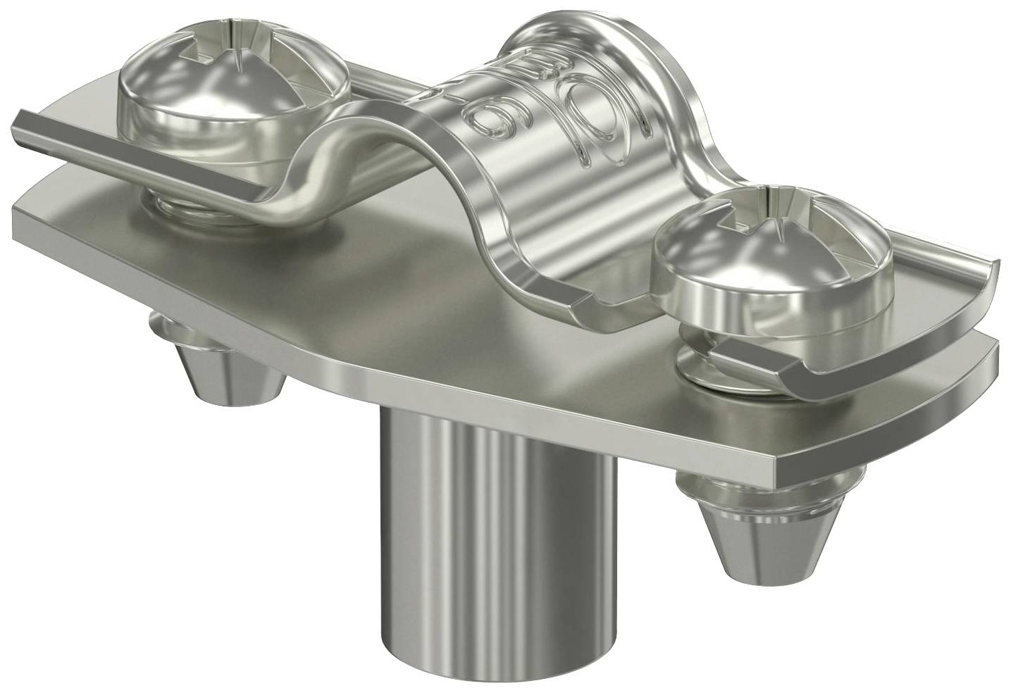 Metallisches Bauteil in Form einer Klemme mit zwei Schrauben und einer runden Basis, die an einem Rohr befestigt werden kann.