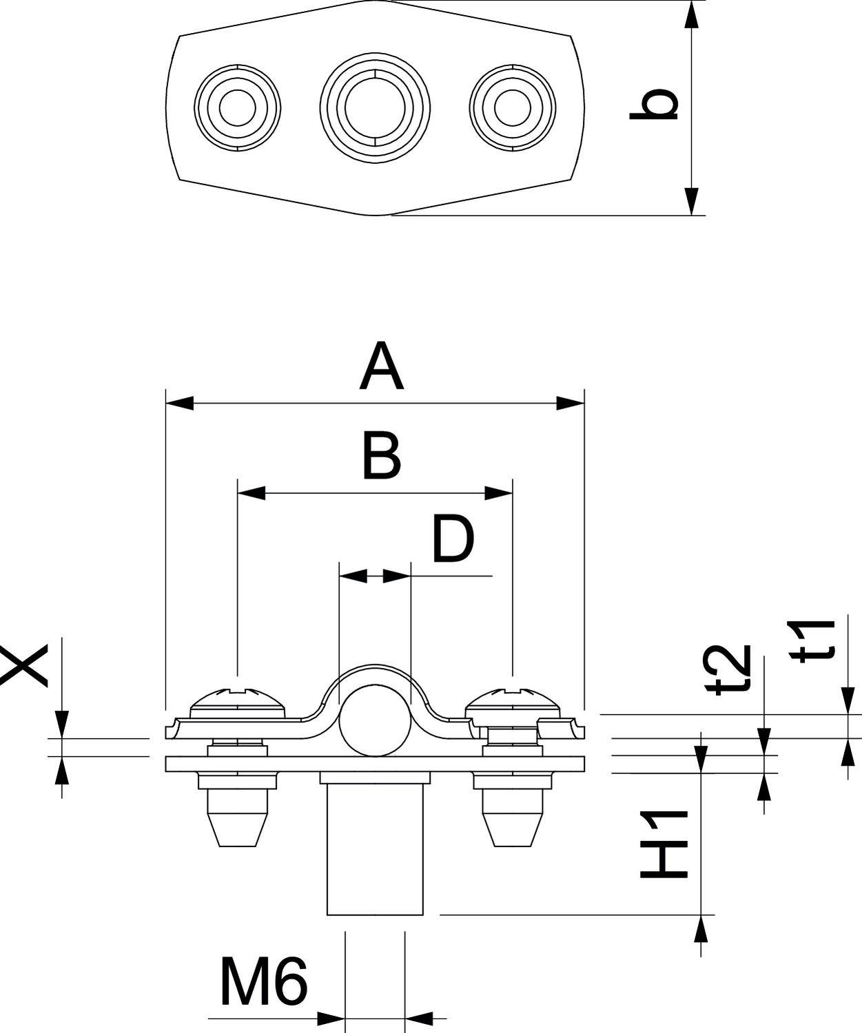 Technische Zeichnung einer Halterung mit Maßen: b, A, B, D, X, t1, t2, H1 und M6. Zeigt Vorderansicht mit drei Schrauben.