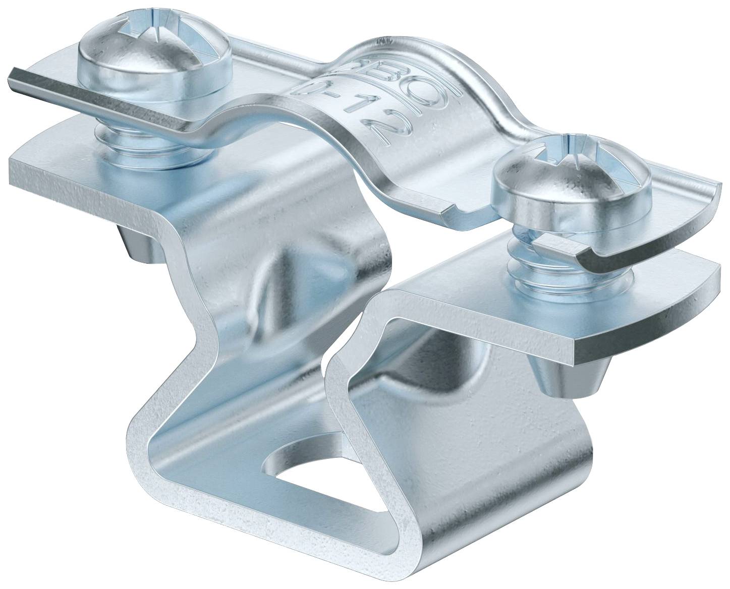 Metallverbinder in silberner Farbe mit zwei Schrauben, gestaltet für strukturelle Befestigungen. Er ist aus robustem Material gefertigt.