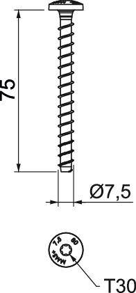Schraube mit Senkkopf, Länge 75 mm, Durchmesser 7,5 mm. Zugelassene Verbindungen sichtbar auf Kopf mit Torx T30 Antrieb.