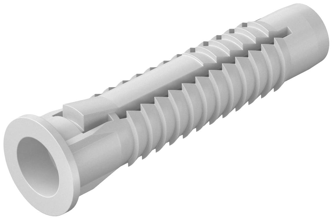 Bild eines grauen Dübels, geripptes Design für sicheren Halt in der Wand, geeignet für verschiedene Anwendungen im Bauwesen.