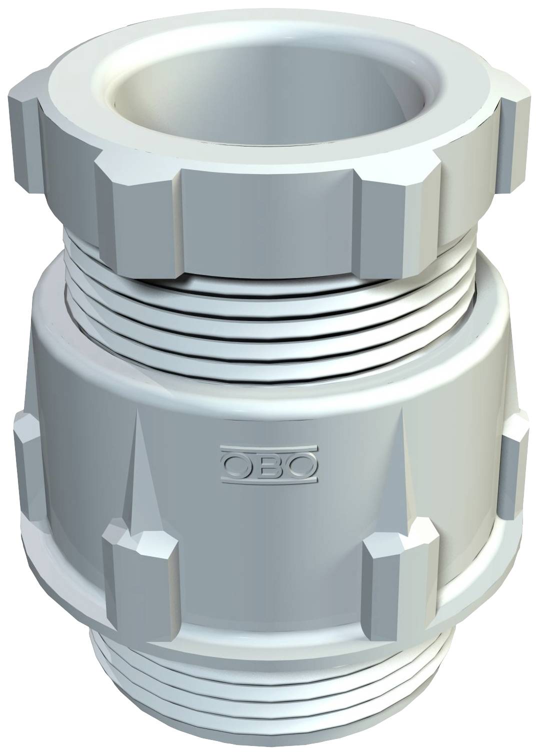 Industrieverbinder aus Metall, zylindrische Form, Markierung 'OBO' sichtbar, mit mehreren Gewinderillen und strukturierten Kanten.