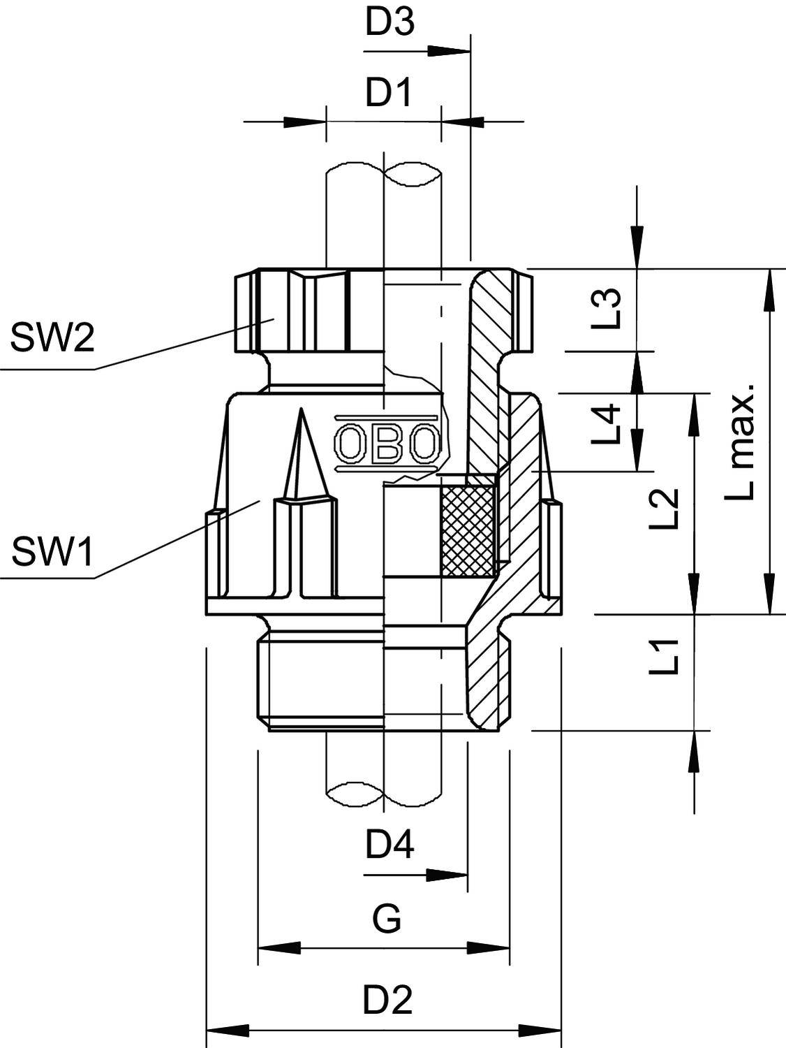 Technische Zeichnung einer Klemmbuchse mit Maßangaben wie D1 bis D4, L1 bis L4 und SW1, SW2. Zeigt Schnittansicht und Verbindungsdetails.