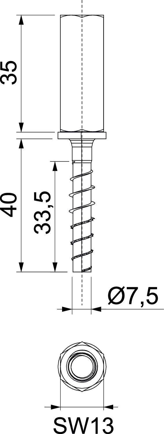 Technische Zeichnung eines Bolzens mit Maßen: Gesamtlänge 75 mm, Gewinde 33,5 mm, Durchmesser 7,5 mm, Sechskant SW 13 mm.