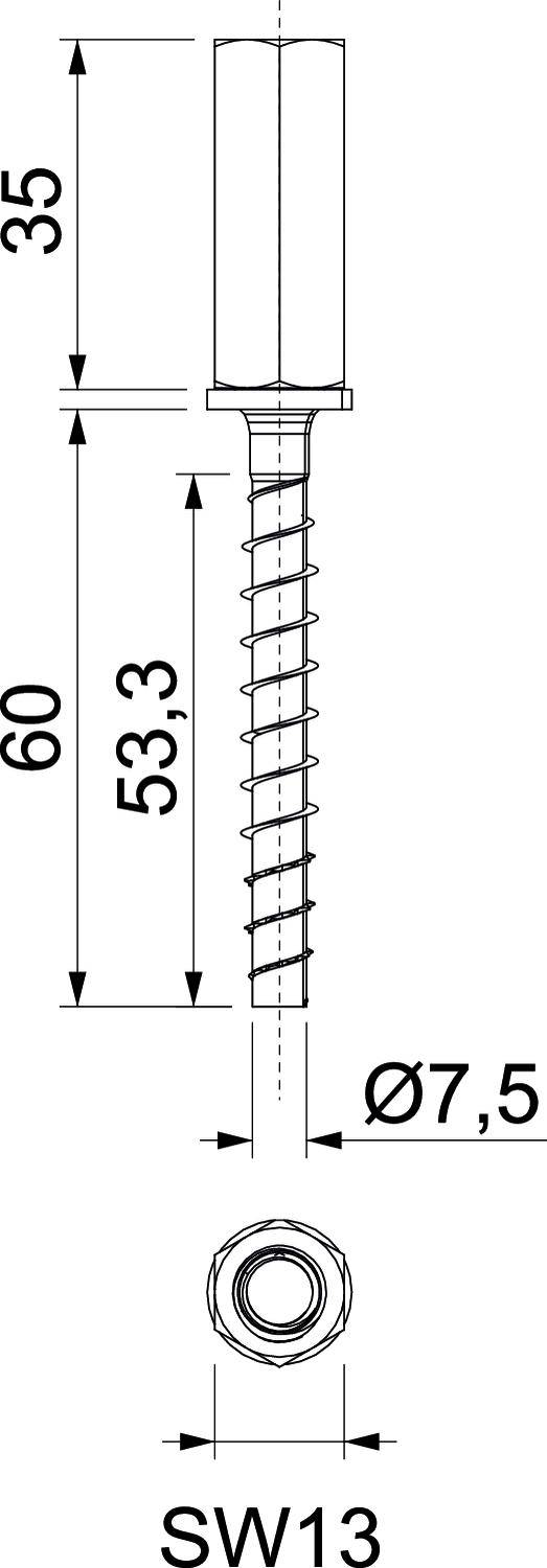 Technische Zeichnung eines Bolzens: Länge 60 mm, mit Gewinde von 53,3 mm Länge und Durchmesser von 7,5 mm. Sechskant SW13.