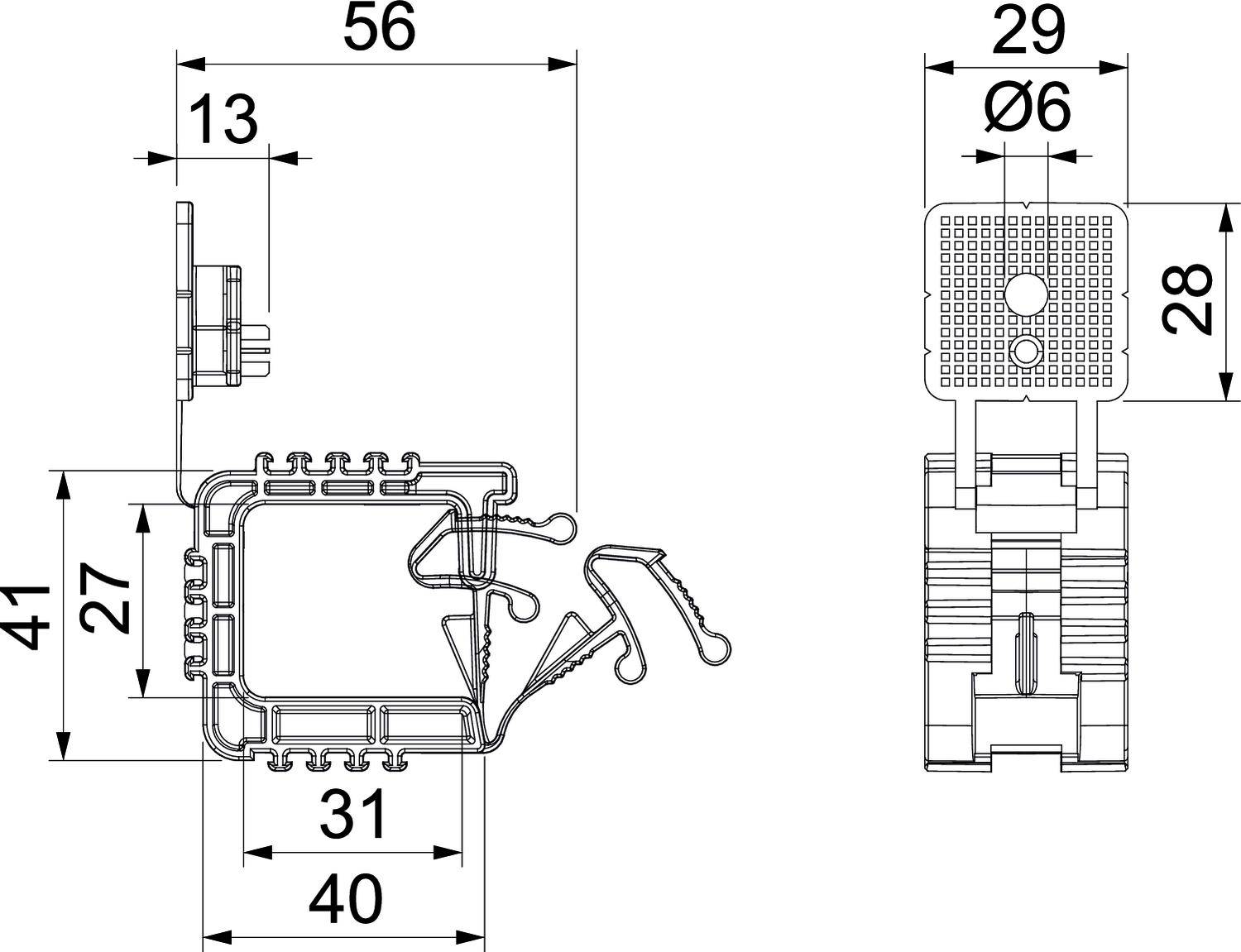 Technische Zeichnung eines Bauteils mit detaillierten Maßen: Breite 56mm, Höhe 41mm, Tiefe 40mm. Seitliche und frontale Ansicht.