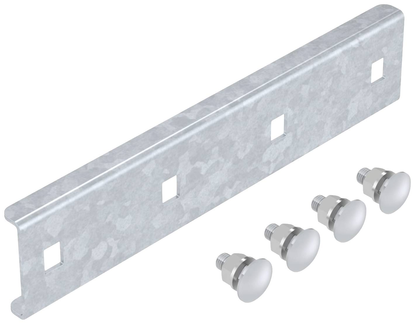 Metallwinkelhalterung mit vier dazugehörigen Schrauben. Die Halterung hat drei quadratische Löcher und eine silberne Oberfläche.