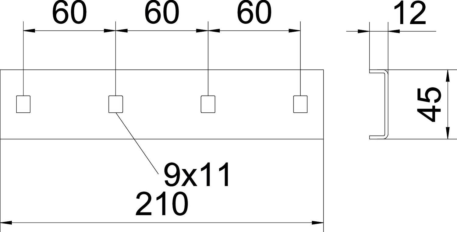 Technische Zeichnung eines Metallprofils mit vier gleichmäßigen Bohrungen, Abmessungen: Breite 210 mm, Höhe 45 mm, Bohrungen 9x11 mm.