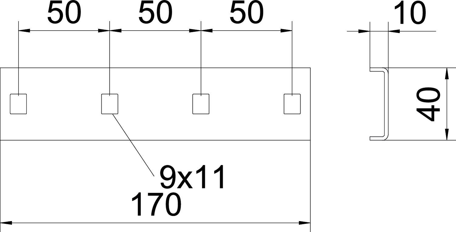 Technische Zeichnung: Rechteckiges Bauteil mit fünf gleichmäßig verteilten quadratischen Aussparungen (9x11 mm), Gesamtbreite 170 mm, Seitenansicht zeigt Maße 40 mm x 10 mm.